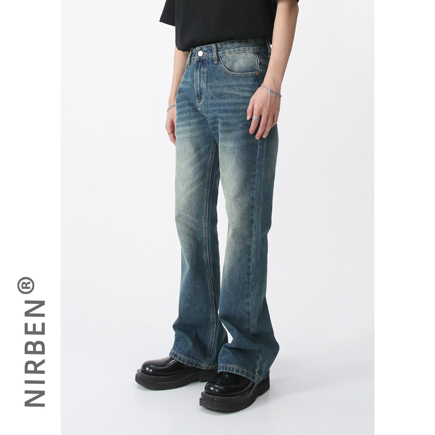 Men's Straight Leg Slight Flare Trendy Denim Jeans-2