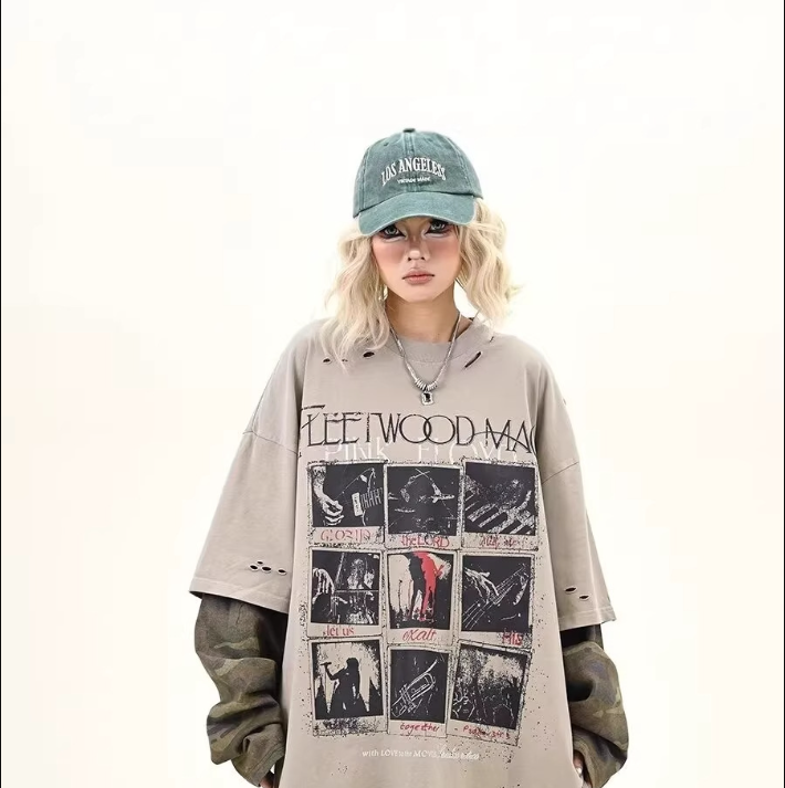 Vintage Camo Layered Long Sleeve T-Shirt Relaxed Unisex Streetwear Top-2