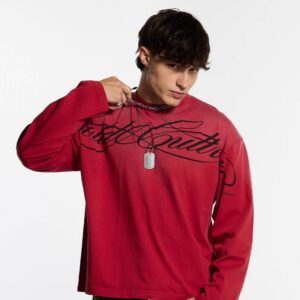 Vintage Distressed Letter Graphic Relaxed Fit Long Sleeve T-Shirt-1