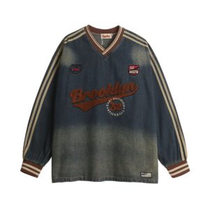 Vintage Washed Denim V-Neck Sweatshirt Towel Embroidered Letter Pullover-1