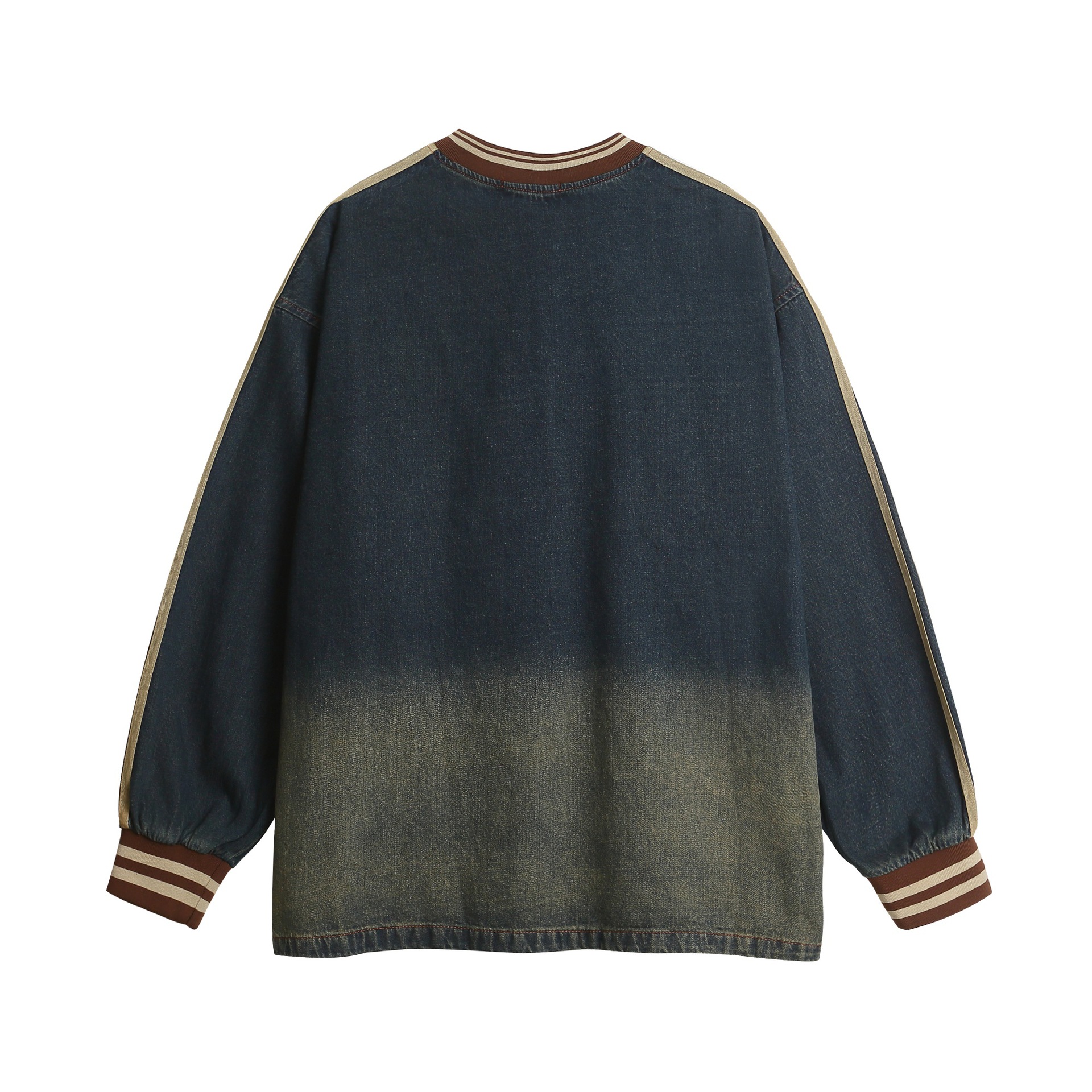 Vintage Washed Denim V-Neck Sweatshirt Towel Embroidered Letter Pullover-2