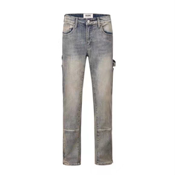 Vintage Washed Patchwork Carpenter Jeans Relaxed Fit Zip Detail Workwear Pants-1
