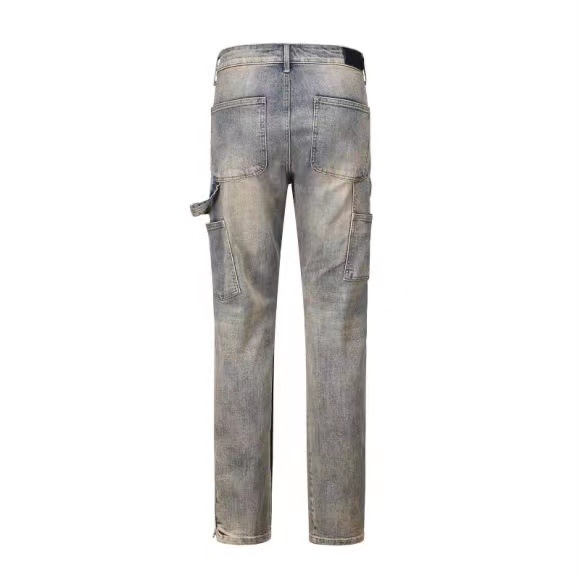 Vintage Washed Patchwork Carpenter Jeans Relaxed Fit Zip Detail Workwear Pants-2