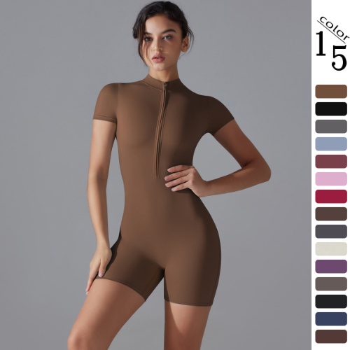 Zip Front Short Sleeve Bodycon Yoga Workout Romper-1